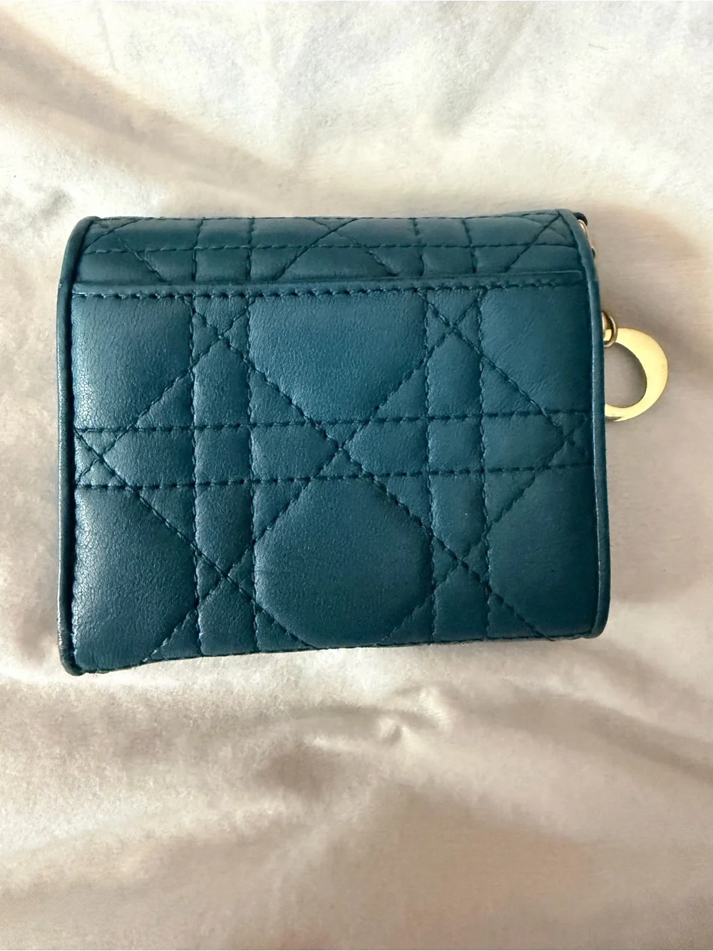 Dior Cannage Leather Double Flap Compact Teal Blue Wallet w/Gold-tone DIOR Charm
